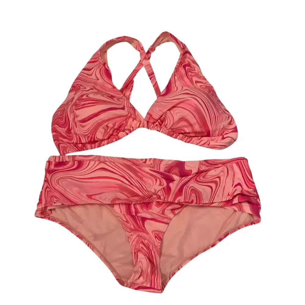 Time and Tru Mid Rise Cheeky Fit Pink Swirl/Marble Bikini - Size 2X NEW‎